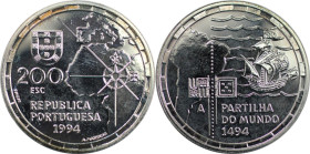 Europäische Münzen und Medaillen, Portugal. 500. Jahrestag - Partilha do Mundo. 200 Escudos 1994. 26,50 g. 0.925 Silber. 0.79 OZ. KM 672a. Polierte Pl...