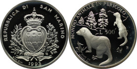 Europäische Münzen und Medaillen, San Marino. Tierwelt in Gefahr - Europäischer Iltis. 500 Lire 1993. 11,0 g. 0.835 Silber. 0.3 OZ. KM 291. Polierte P...