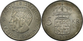 Europäische Münzen und Medaillen, Schweden / Sweden. Gustaf VI. Adolf (1950-1973). 5 Kronen 1955. 18,0 g. 0.400 Silber. 0.23 OZ. KM 829. Fast Stempelg...