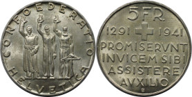 Europäische Münzen und Medaillen, Schweiz / Switzerland. 650 Jahre Eidgenossenschaft. 5 Franken 1941 B. 15,0 g. 0.835 Silber. 0.40 OZ. KM 44. Stempelg...