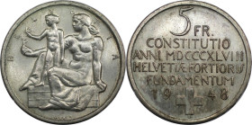 Europäische Münzen und Medaillen, Schweiz / Switzerland. 100 Jahre Bundestaat. 5 Franken 1948 B. 15,0 g. 0.835 Silber. 0.40 OZ. KM 48. Stempelglanz. K...