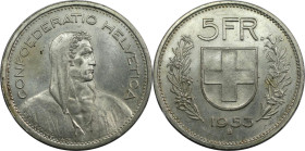 Europäische Münzen und Medaillen, Schweiz / Switzerland. 5 Franken 1953 B. 15,0 g. 0.835 Silber. 0.40 OZ. KM 40. Fast Stempelglanz. Kl.Kratzer. Kl.Fle...