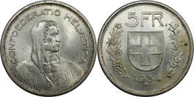 Europäische Münzen und Medaillen, Schweiz / Switzerland. 5 Franken 1954 B. 15,0 g. 0.835 Silber. 0.40 OZ. KM 40. Fast Stempelglanz. Kl.Kratzer. Kl.Fle...