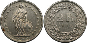 Europäische Münzen und Medaillen, Schweiz / Switzerland. 2 Franken 1968. Kupfer-Nickel. KM 21a. Vorzüglich-stempelglanz. Kl.Flecken
