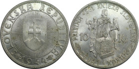 Europäische Münzen und Medaillen, Slowakei / Slovakia. Fürst Pribina. 10 Kronen 1944. Silber. KM 9. Vorzüglich-stempelglanz