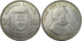 Europäische Münzen und Medaillen, Slowakei / Slovakia. Präsident Jozef Tiso. 5 Jahre der Slowakischen Republik. 50 Kronen 1944. Silber. KM 10. Vorzügl...