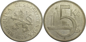 Europäische Münzen und Medaillen, Tschechoslowakei / Czechoslovakia. 5 Kronen 1929 G. 7,0 g. 0.500 Silber. 0.11 OZ. KM 11. Fast Stempelglanz