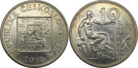 Europäische Münzen und Medaillen, Tschechoslowakei / Czechoslovakia. 10 Kronen 1930. Silber. KM 15. Vorzüglich-stempelglanz. Kl.Kratzer. Kl.Flecken