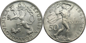 Europäische Münzen und Medaillen, Tschechoslowakei / Czechoslovakia. 3. Jahrestag des Prager Aufstandes. 50 Kronen 1948. 10,0 g. 0.500 Silber. 0.16 OZ...