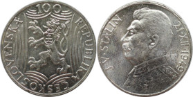 Europäische Münzen und Medaillen, Tschechoslowakei / Czechoslovakia. 70. Geburtstag von Josef Stalin. 100 Kronen 1949. 14,0 g. 0.500 Silber. 0.23 OZ. ...