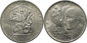 Europäische Münzen und Medaillen, Tschechoslowakei / Czechoslovakia. 20 Jahre Befreiung. 25 Kronen 1965. 16,0 g. 0.500 Silber. 0.26 OZ. KM 59. Fast St...