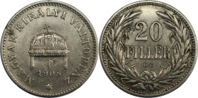 Europäische Münzen und Medaillen, Ungarn / Hungary. Franz Joseph I. 20 Filler 1908 KB, Kremnitz. Nickel. KM 483. Vorzüglich