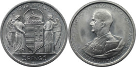 Europäische Münzen und Medaillen, Ungarn / Hungary. 75. Jahrestag - Geburt von Admiral Horthy. 5 Pengö 1943. Aluminium. KM 523. Stempelglanz