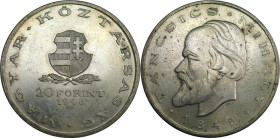 Europäische Münzen und Medaillen, Ungarn / Hungary. 100 Jahre Revolution von 1848 - Mihaly Tancsics. 20 Forint 1948. 28,0 g. 0.500 Silber. 0.45 OZ. KM...