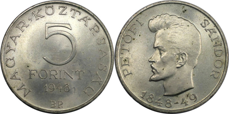 Europäische Münzen und Medaillen, Ungarn / Hungary. Sandor Petofi. 5 Forint 1948...