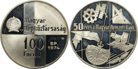 Europäische Münzen und Medaillen, Ungarn / Hungary. 50 Jahre Zentralbank - Magyar Nemzeti Bank. 100 Forint 1974, Silber. KM 603. Polierte Platte
