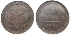 Russische Münzen und Medaillen, Alexander I. (1801-1825). 5 Kopeken 1806 KM, Suzun (Kolyvan). Kupfer. Iljin (2 Rubel), Petrow (2,5 Rubel), Bitkin 419 ...