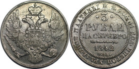 Russische Münzen und Medaillen, Nikolaus I. (1826-1855). 3 Rubel 1842 SPB. Platin. 10,18 g. Bitkin 88 (R), Iljin (10 Rub), Uzd. 403, Fr. 160. Sehr sch...