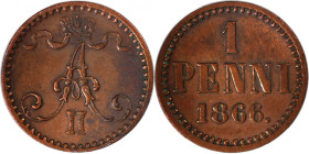 Russische Münzen und Medaillen, Alexander II. (1854-1881). 1 Penni 1866, Finnland. Kupfer. Bitkin 666. Vorzüglich
