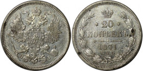 Russische Münzen und Medaillen, Alexander II. (1854-1881). Silber. 20 Kopeken 1871 SPB NI. Silber. Vorzüglich