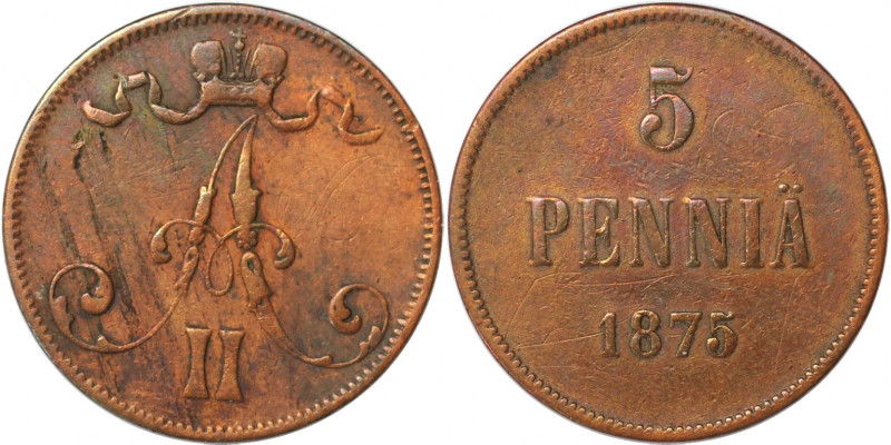 Russische Münzen und Medaillen, Alexander II. (1854-1881), 5 Penniä 1875, Finnla...