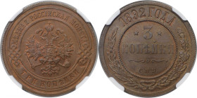 Russische Münzen und Medaillen, Alexander III. (1881-1894). 3 Kopeken 1892, St. Petersburg. Kupfer. Bitkin 160. NGC MS-63 BN. Selten in dieser Erhaltu...