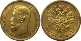 Russische Münzen und Medaillen, Nikolaus II. (1894-1918). 5 Rubel 1903. 4,30 g. 0.900 Gold. 0.12 OZ. Bitkin 30. Stempelglanz