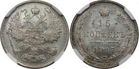 Russische Münzen und Medaillen, Nikolaus II. (1894-1918). 15 Kopeken 1917 BC. Silber. Bitkin 144 (R). NGC MS 64+