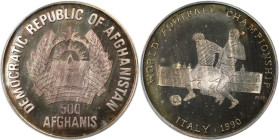 Weltmünzen und Medaillen, Afghanistan. Fußball WM 1990 Italien. 500 Afghanis 1990. 16,0 g. 0.999 Silber. 0.51 OZ. KM 1011. Polierte Platte