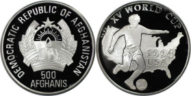 Weltmünzen und Medaillen, Afghanistan. Fußballweltmeisterschaft USA. 500 Afghanis 1992. 20,0 g. 0.999 Silber. 0.64 OZ. KM 1022. Polierte Platte