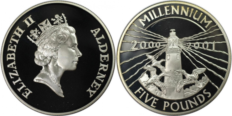 Weltmünzen und Medaillen, Alderney. Millennium. Leuchtturm. 5 Pounds 2000. 28,03...