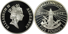 Weltmünzen und Medaillen, Alderney. Millennium. Leuchtturm. 5 Pounds 2000. 28,03 g. 0.925 Silber. 0.83 OZ. KM 26. Polierte Platte