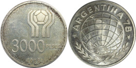 Weltmünzen und Medaillen, Argentinien / Argentina. Fußball-WM Argentinien 1978. 3000 Pesos 1978. 25,0 g. 0.900 Silber. 0.72 OZ. KM 80. Stempelglanz