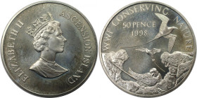 Weltmünzen und Medaillen, Ascension Island. Weißschwanz-Tropikvögel. 50 Pence 1998. Kupfer-Nickel. KM 10. Stempelglanz