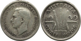 Weltmünzen und Medaillen, Australien / Australia. George VI. 3 Pence 1939, Silber. KM 37. Sehr schön