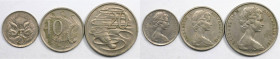 Weltmünzen und Medaillen, Australien / Australia, Lots und Sammlungen. 5 Cents 1966, 10 Cents 1966, 20 Cents 1967. Lot von 3 Münzen. Kupfer-Nickel. Bi...