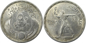 Weltmünzen und Medaillen, Ägypten / Egypt. Kettensprenger. 50 Piastres 1956. 28,0 g. 0.900 Silber. 0.81 OZ. KM 386. Stempelglanz