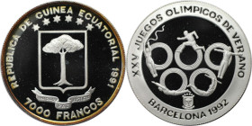 Weltmünzen und Medaillen, Äquatorial Guinea / Equatorial Guinea. Olympia 1992, Barcelona - Sportler. 7000 Francos 1991. 20,0 g. 0.999 Silber. 0.64 OZ....