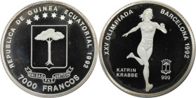 Weltmünzen und Medaillen, Äquatorial Guinea / Equatorial Guinea. Olympia 1992, Barcelona - Katrin Krabbe. 7000 Francos 1992. 10,48 g. 0.999 Silber. 0....