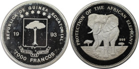 Weltmünzen und Medaillen, Äquatorial Guinea / Equatorial Guinea. African Elephant. 7000 Francos 1993. 10,51 g. 0.999 Silber. 0.34 OZ. KM 77. Fingerabd...