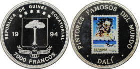 Weltmünzen und Medaillen, Äquatorial Guinea / Equatorial Guinea. Spanische Briefmarke auf Salvator Dali. 7000 Francos 1994. 20,35 g. 0.999 Silber. 0.6...