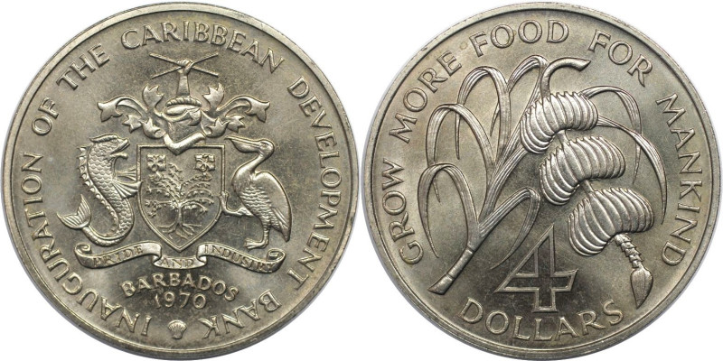 Weltmünzen und Medaillen, Barbados. Serie: F.A.O. 4 Dollars 1970. Kupfer-Nickel....