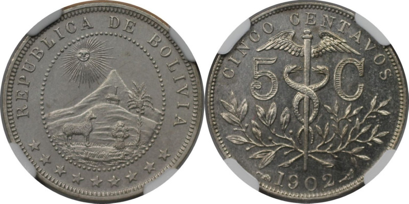 Weltmünzen und Medaillen, Bolivien / Bolivia. 5 Centavos 1902, Kupfer-Nickel. KM...