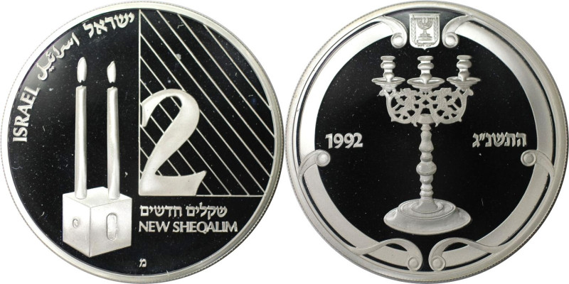 Weltmünzen und Medaillen, Israel. Judaic - Sabbat-Leuchter. 2 New Sheqalim 1992....