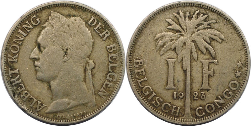 Weltmünzen und Medaillen, Kongo / Congo. Belgisch-Kongo. Albert I. 1 Franc 1923....