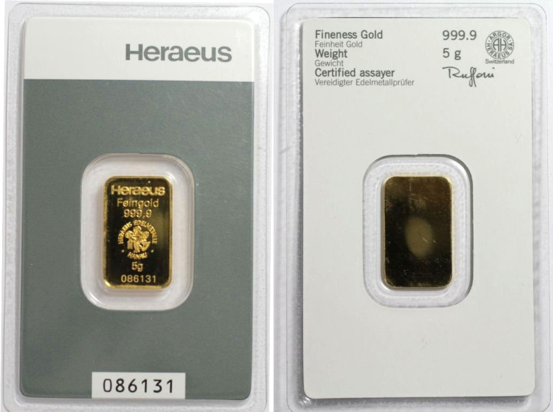 Medaillen und Jetons, Goldbarren / Gold bar. 5 g. Feingold 9999 Heraeus Hanau. I...