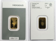 Medaillen und Jetons, Goldbarren / Gold bar. 5 g. Feingold 9999 Heraeus Hanau. Im Original Blister oder von uns eingeschweisst geliefert