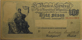 Banknoten, Argentinien / Argentina. 10 Pesos 1935. Serie D. Pick 253.a,c,D. III