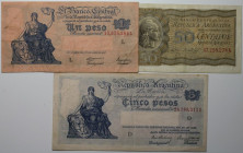 Banknoten, Argentinien / Argentina, Lots und Sammlungen. 5 Centavos 27.03.1947, 1 Peso 27.03.1947, 5 Pesos ND ART. 36-LEY 12.155. Lot von 3 Banknoten....