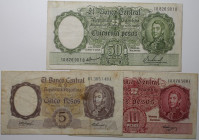 Banknoten, Argentinien / Argentina, Lots und Sammlungen. 5, 10, 50 Pesos 1942 - 1963, Lot von 3 Banknoten. III